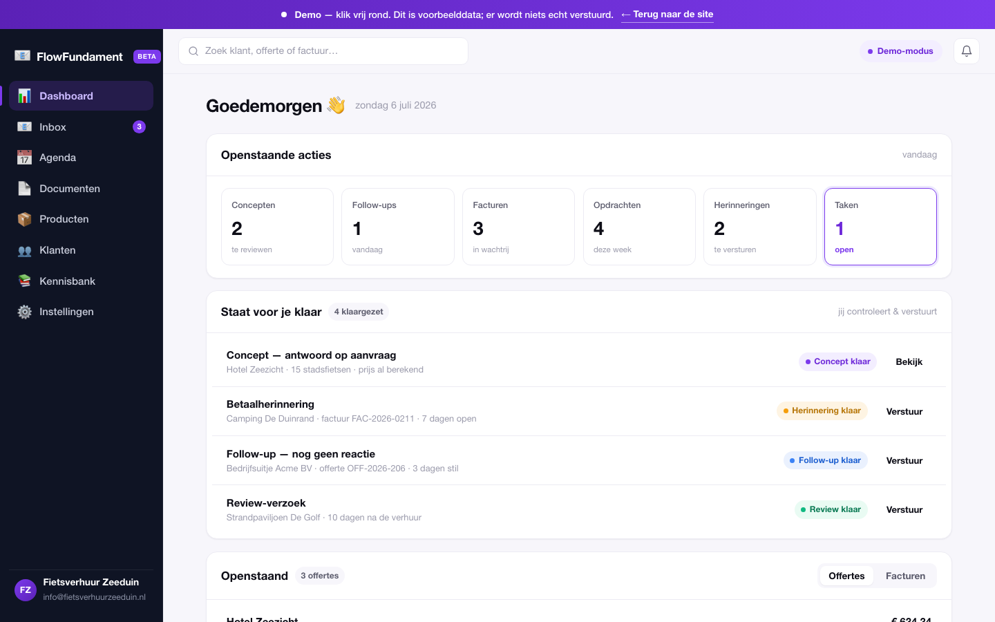 Interactieve demo van Flow Fundament — het dashboard