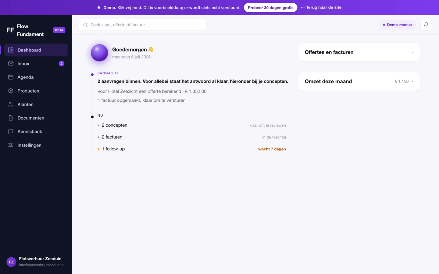 Interactieve demo van Flow Fundament: dashboard met de tijdlijn van je dag en wat de assistent vannacht deed